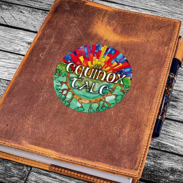 a round sticker on a book